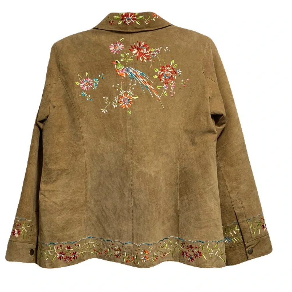 Vintage Avanti New York Small Tan Suede Leather Floral Bird Embroidered Jacket - Picture 3 of 15